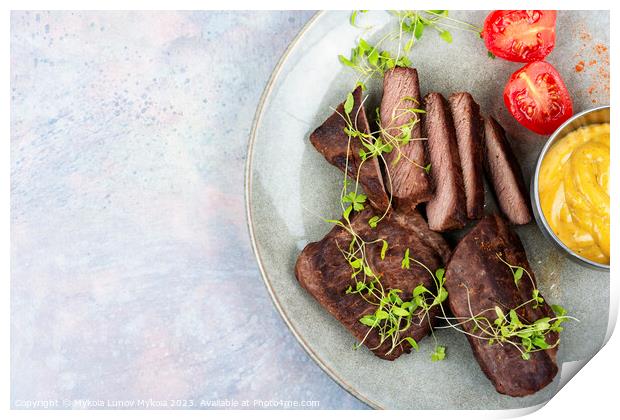 Grilled ostrich steak with sauce Print by Mykola Lunov Mykola