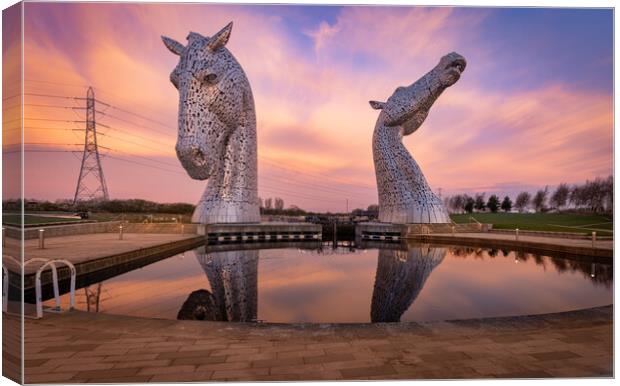 Mirror reflections of the Kelpies at sunrise Canvas Print by Kevin Winter