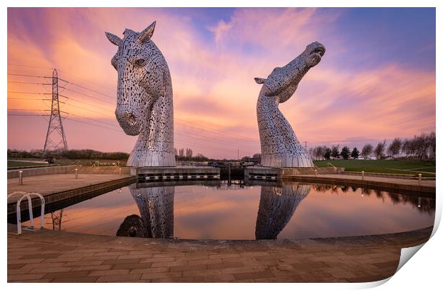 Mirror reflections of the Kelpies at sunrise Print by Kevin Winter