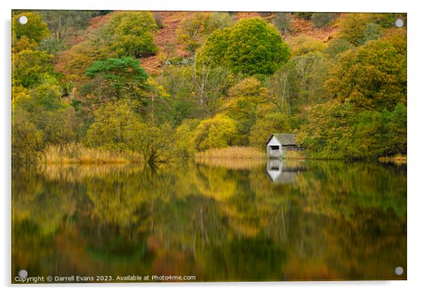 Autumn trees and boathouse Acrylic by Darrell Evans