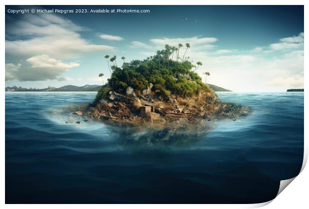 An island of plastic waste floating in the ocean created with ge Print by Michael Piepgras