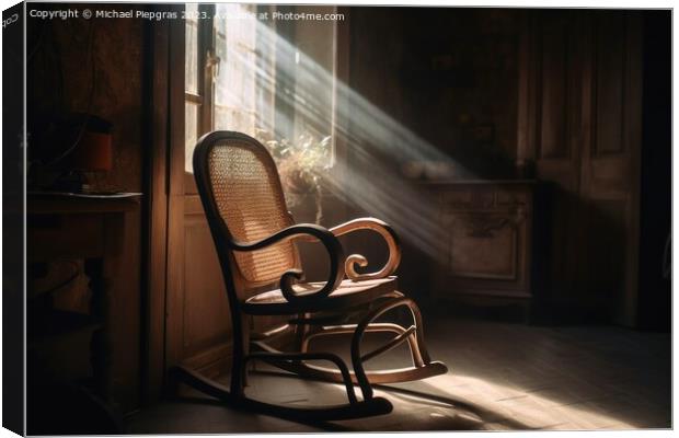 An old wooden rocking chair in a dusty vintage room with light b Canvas Print by Michael Piepgras