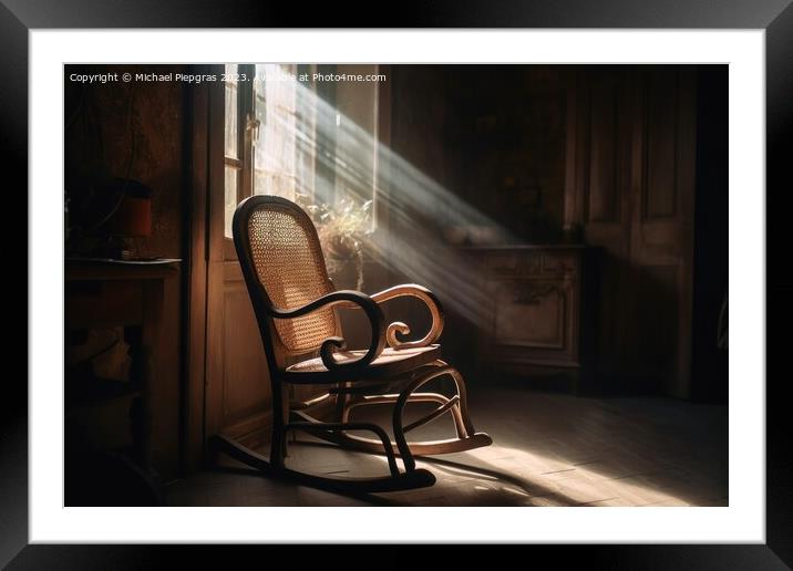 An old wooden rocking chair in a dusty vintage room with light b Framed Mounted Print by Michael Piepgras