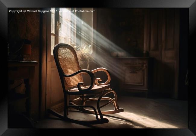 An old wooden rocking chair in a dusty vintage room with light b Framed Print by Michael Piepgras