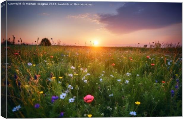 Beautiful meadow with lots of flowers during sunset created with Canvas Print by Michael Piepgras