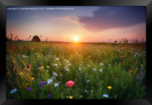 Beautiful meadow with lots of flowers during sunset created with Framed Print by Michael Piepgras