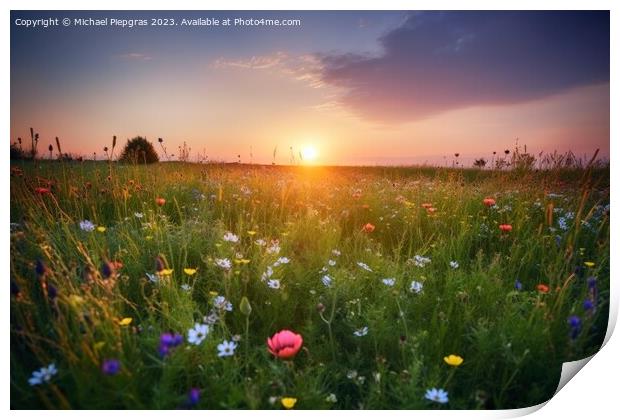 Beautiful meadow with lots of flowers during sunset created with Print by Michael Piepgras