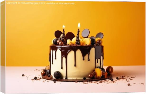 Birthday cake with pouring chocolate on a yellow background crea Canvas Print by Michael Piepgras
