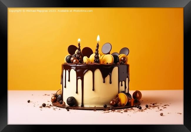 Birthday cake with pouring chocolate on a yellow background crea Framed Print by Michael Piepgras