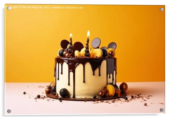 Birthday cake with pouring chocolate on a yellow background crea Acrylic by Michael Piepgras