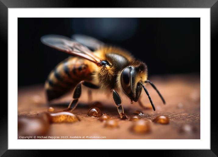 Close up of a bee on honey created with generative AI technology Framed Mounted Print by Michael Piepgras
