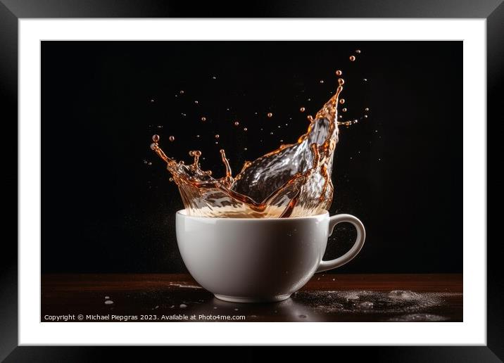 Coffee splashing in a coffee cup created with generative AI tech Framed Mounted Print by Michael Piepgras