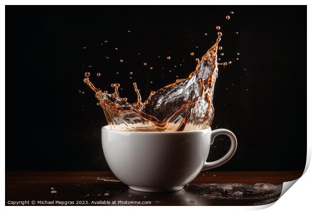 Coffee splashing in a coffee cup created with generative AI tech Print by Michael Piepgras