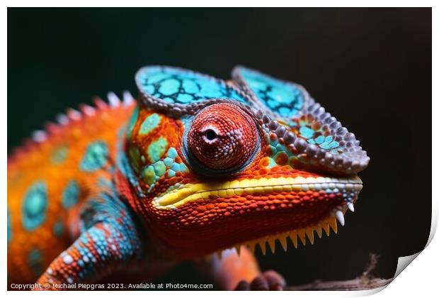 Colorful chameleon close up created with generative AI technolog Print by Michael Piepgras