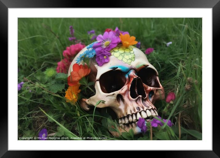 Colorful flowers growing out of a skull some grass on the ground Framed Mounted Print by Michael Piepgras