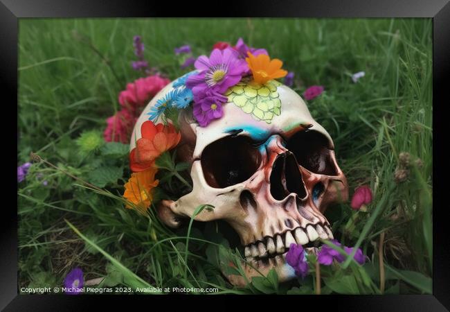 Colorful flowers growing out of a skull some grass on the ground Framed Print by Michael Piepgras