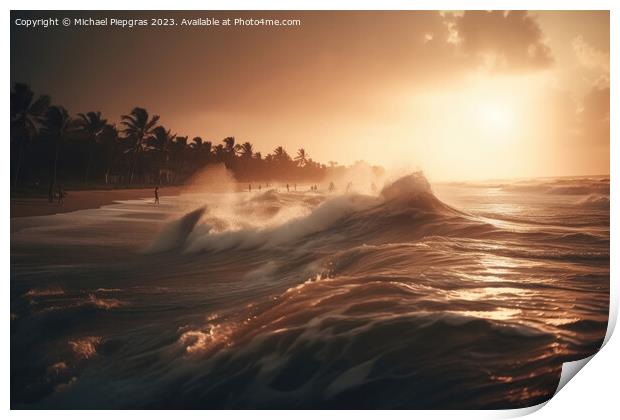 Dream beach at sunset in a tropical paradise created with genera Print by Michael Piepgras