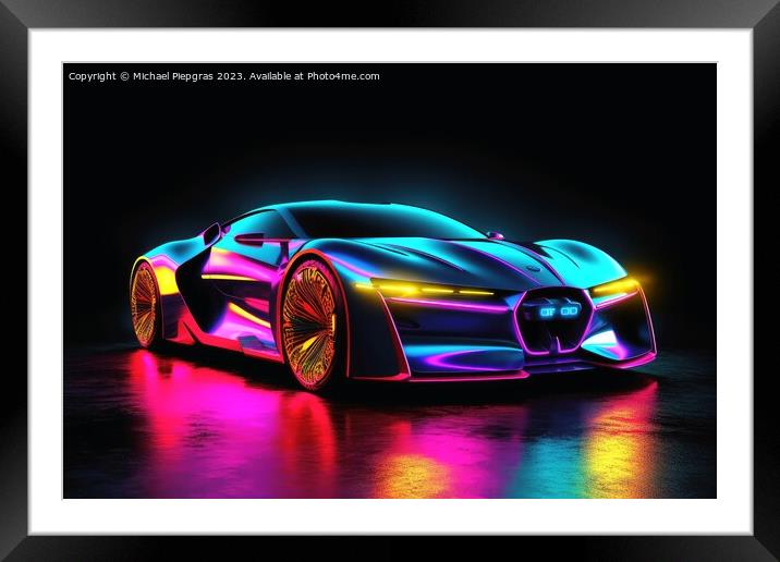 Futuristic luxury sports car neon colors created with generative Framed Mounted Print by Michael Piepgras
