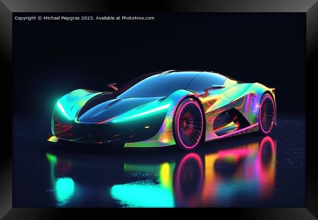 Futuristic luxury sports car neon colors created with generative Framed Print by Michael Piepgras