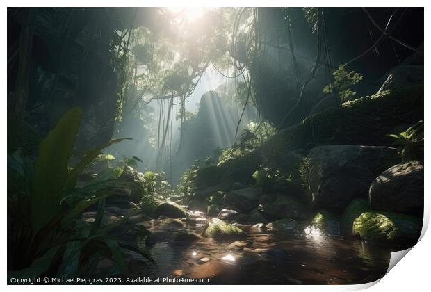 Jungle with light rays coming from above created with generative Print by Michael Piepgras