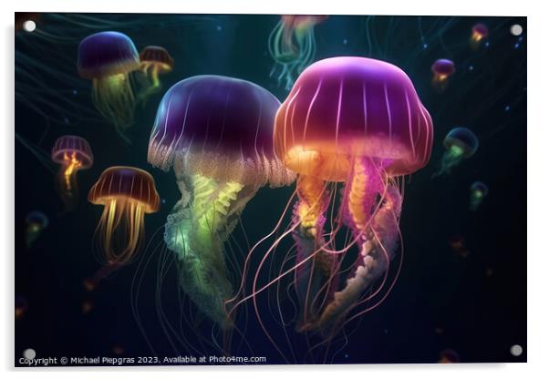 Multiple brightly coloured jellyfish in the depths of the ocean  Acrylic by Michael Piepgras