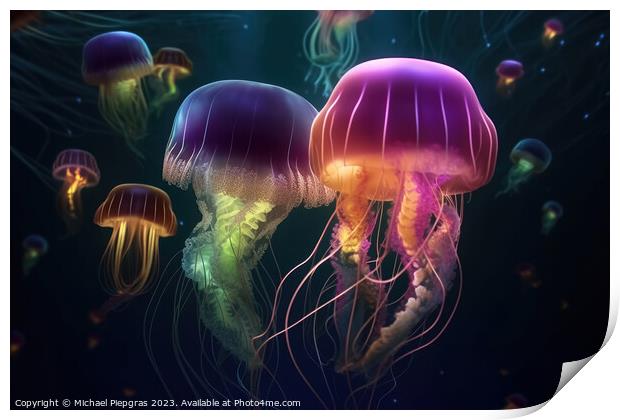 Multiple brightly coloured jellyfish in the depths of the ocean  Print by Michael Piepgras