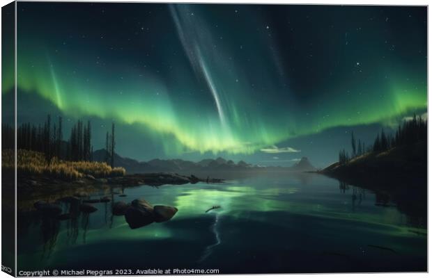 Auroras in green colour and stars over a lake with reflections o Canvas Print by Michael Piepgras