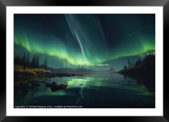 Auroras in green colour and stars over a lake with reflections o Framed Mounted Print by Michael Piepgras
