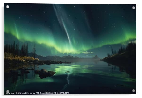 Auroras in green colour and stars over a lake with reflections o Acrylic by Michael Piepgras