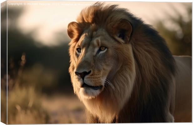 Portrait of a strong male lion with the African savanna in the b Canvas Print by Michael Piepgras
