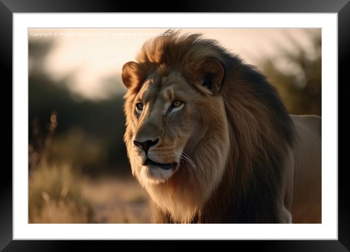 Portrait of a strong male lion with the African savanna in the b Framed Mounted Print by Michael Piepgras