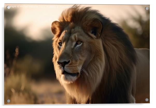 Portrait of a strong male lion with the African savanna in the b Acrylic by Michael Piepgras