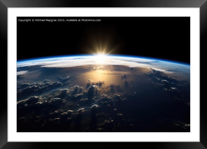 The rising sun above the earth as seen from space created with g Framed Mounted Print by Michael Piepgras