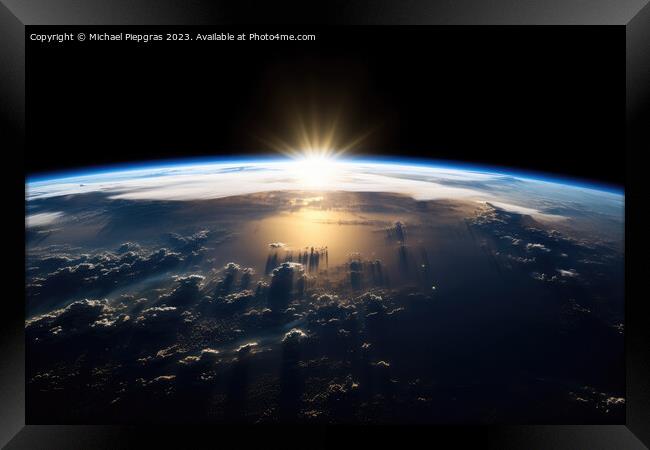The rising sun above the earth as seen from space created with g Framed Print by Michael Piepgras