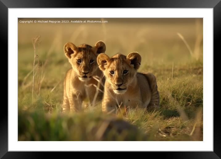 Two cute lion cubs playing in the flat grass of the savannah cre Framed Mounted Print by Michael Piepgras