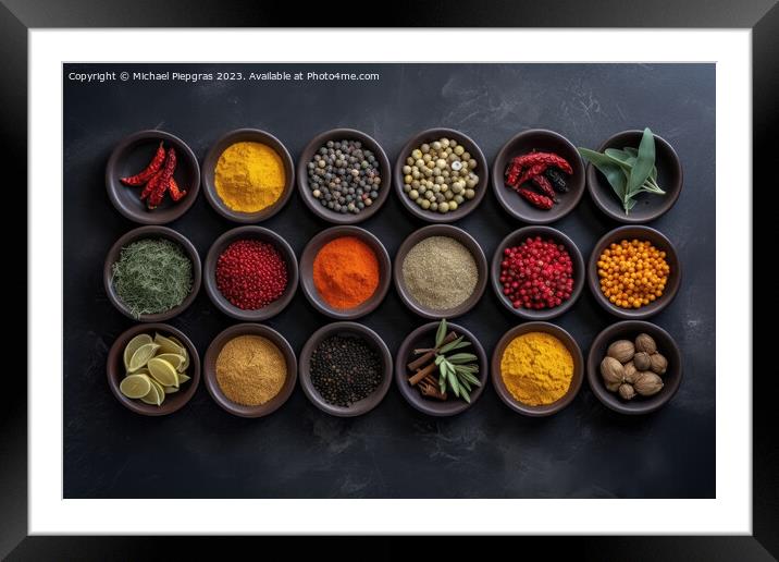 View from above of numerous spices in small bowls on a dark slate plate with copy space created with generative AI technology. Framed Mounted Print by Michael Piepgras