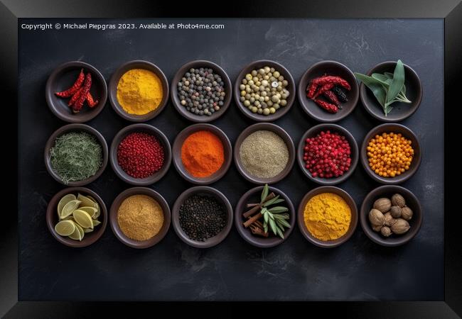 View from above of numerous spices in small bowls on a dark slate plate with copy space created with generative AI technology. Framed Print by Michael Piepgras