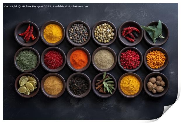 View from above of numerous spices in small bowls on a dark slate plate with copy space created with generative AI technology. Print by Michael Piepgras