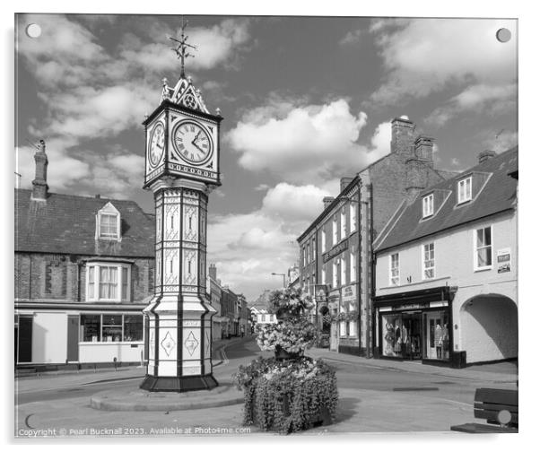 Downham Market Town Clock Norfolk black and white Acrylic by Pearl Bucknall