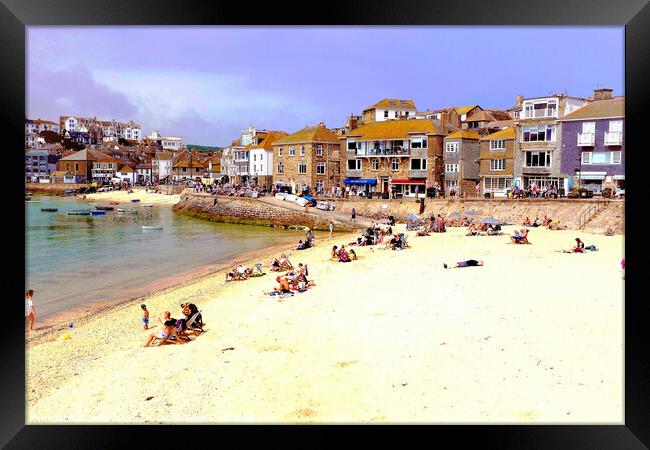 Warf road and harbor beaches, St. Ives, Cornwall, UK. Framed Print by john hill