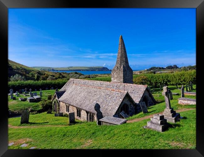 St Enodoc Church overlooking Daymer Bay in Cornwal Framed Print by Tracey Turner
