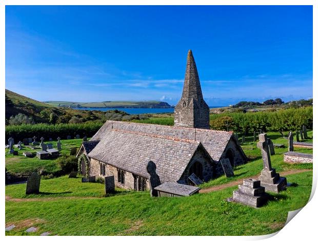 St Enodoc Church overlooking Daymer Bay in Cornwal Print by Tracey Turner