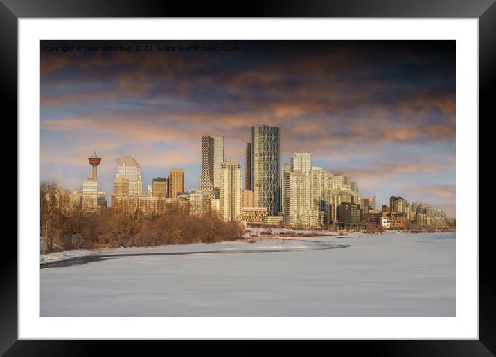 Winter Sunset Scene At Calgary Skyline Framed Mounted Print by rawshutterbug 
