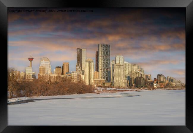 Winter Sunset Scene At Calgary Skyline Framed Print by rawshutterbug 