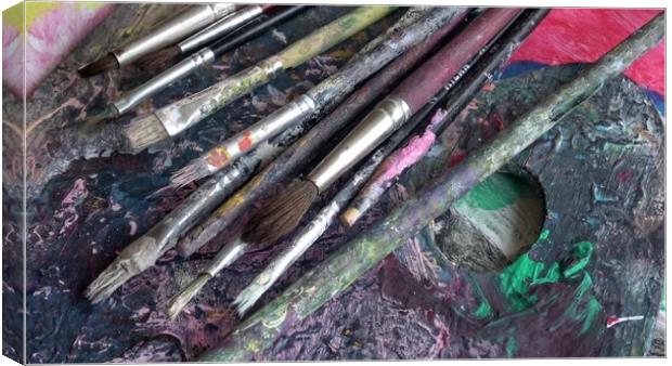 Used brushes on an artist's palette of colorful oil paint Canvas Print by Irena Chlubna