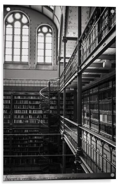 Old library in black and white Acrylic by Veronika Druzhnieva