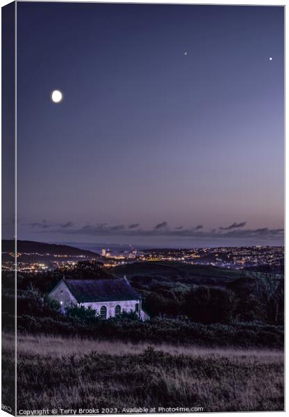 Gellionnen Chapel with the Moon, Saturn and Jupiter Above and Swansea City Canvas Print by Terry Brooks