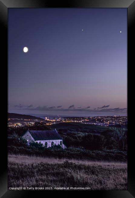 Gellionnen Chapel with the Moon, Saturn and Jupiter Above and Swansea City Framed Print by Terry Brooks
