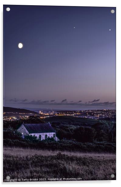 Gellionnen Chapel with the Moon, Saturn and Jupiter Above and Swansea City Acrylic by Terry Brooks