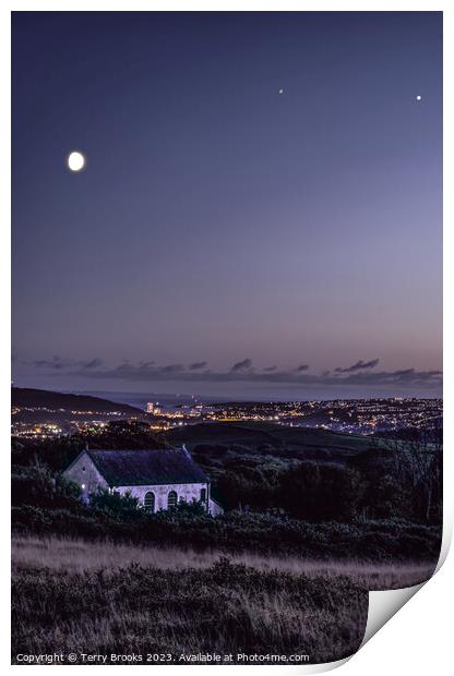 Gellionnen Chapel with the Moon, Saturn and Jupiter Above and Swansea City Print by Terry Brooks